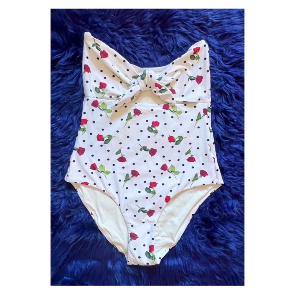 New! Onia “Marie” Polka Dot Rose Print Tie Front Cutout One Piece Swimsuit - Picture 2 of 8